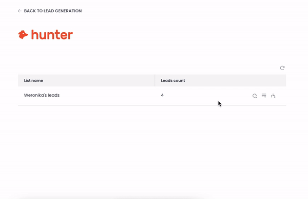 Gif showing option to add leads from Hunter to Woodpecker while previewing them