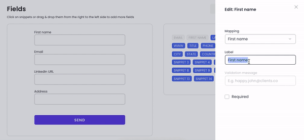 Gif showing how to set the Field Settings in Woodpecker WordPress plugin