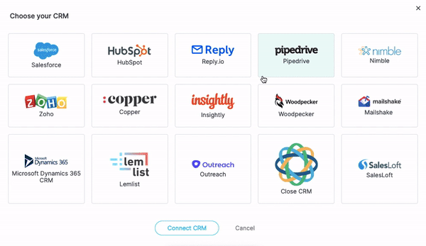 Gif showing choosing Woodpecker as wanted CRM and pop-up window where API Key needs to pasted