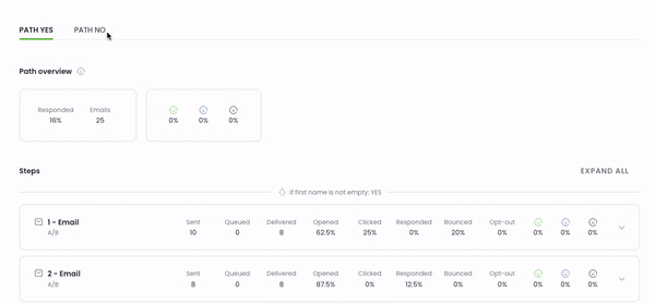 Gif showing switching between Path YES and Path NO in campaign statistics