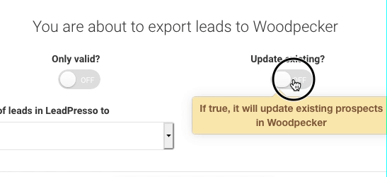 Image showing options about leads exported to Woodpecker