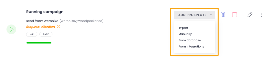 Options for adding prospects to a running campaign