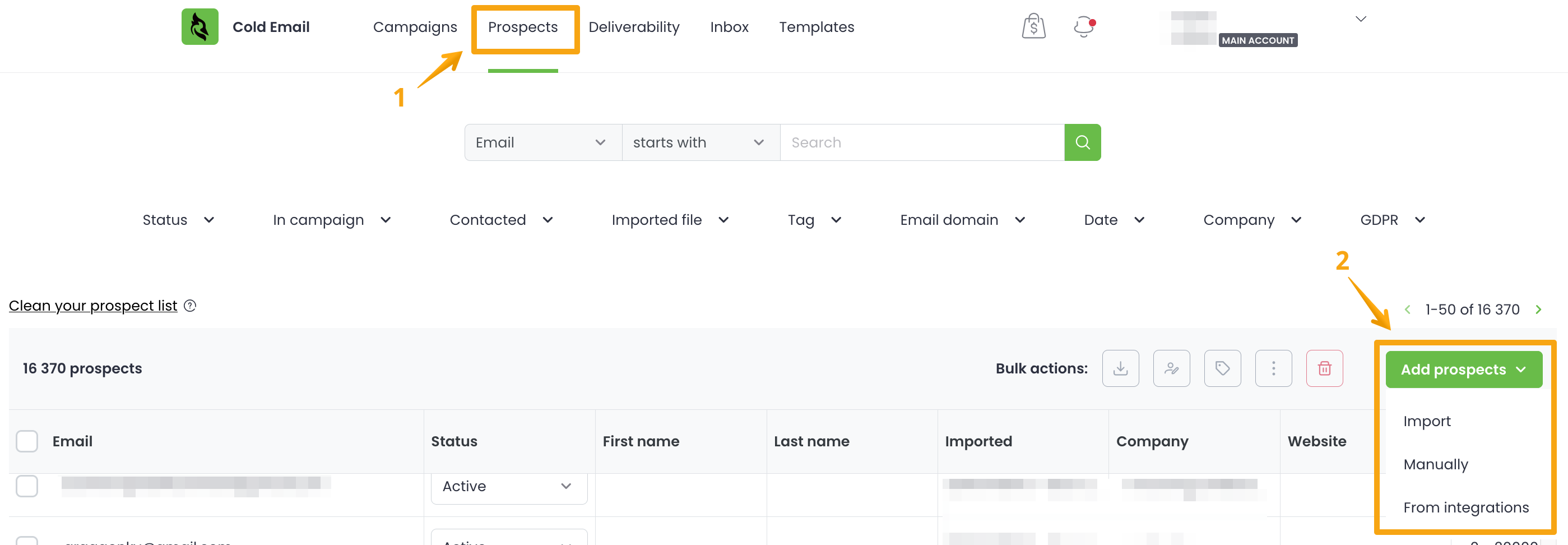 Options for adding prospects in the main Prospects tab