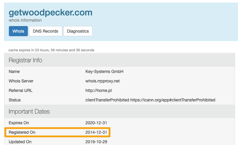 Picture showing the results on the who.is website