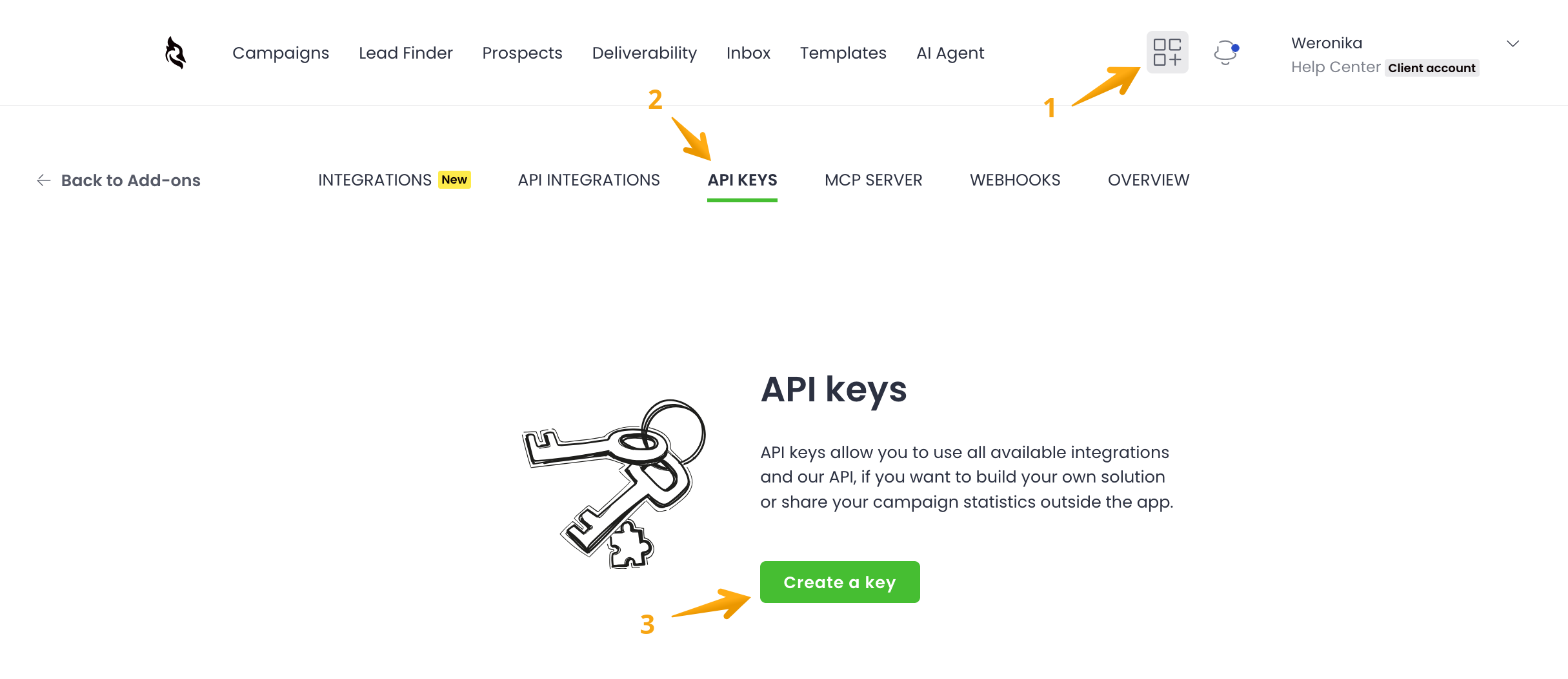 Image with arrows showing step-by-step how to create an API Key in Woodpecker