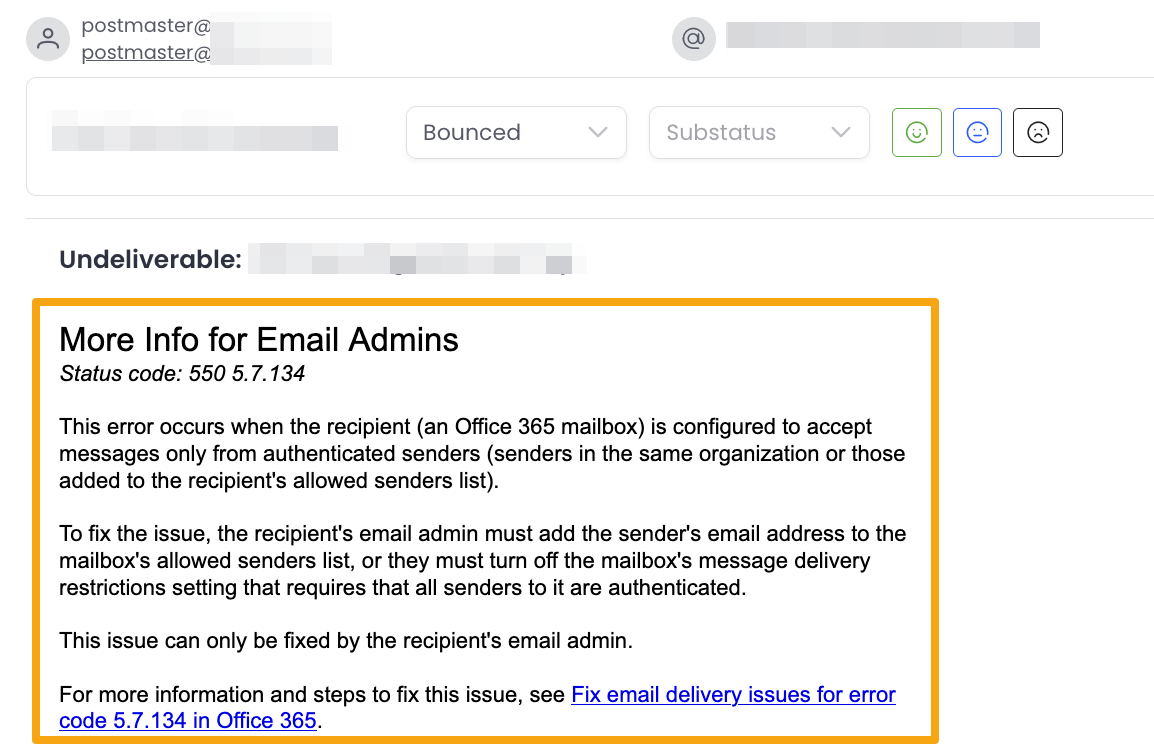 Bounced message with the response from server (a code)