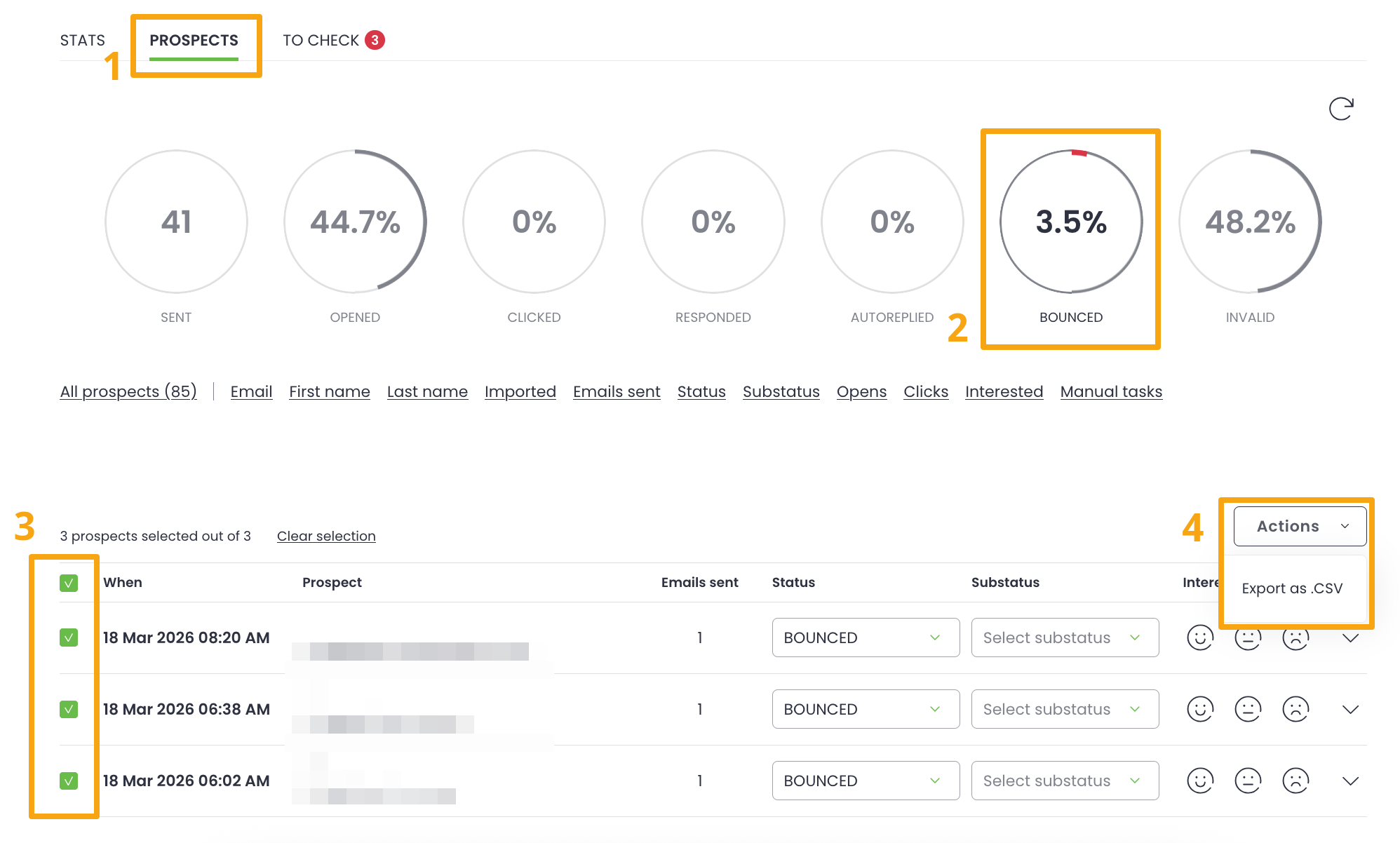 Step-by-step instructions on how to export Bounced prospects