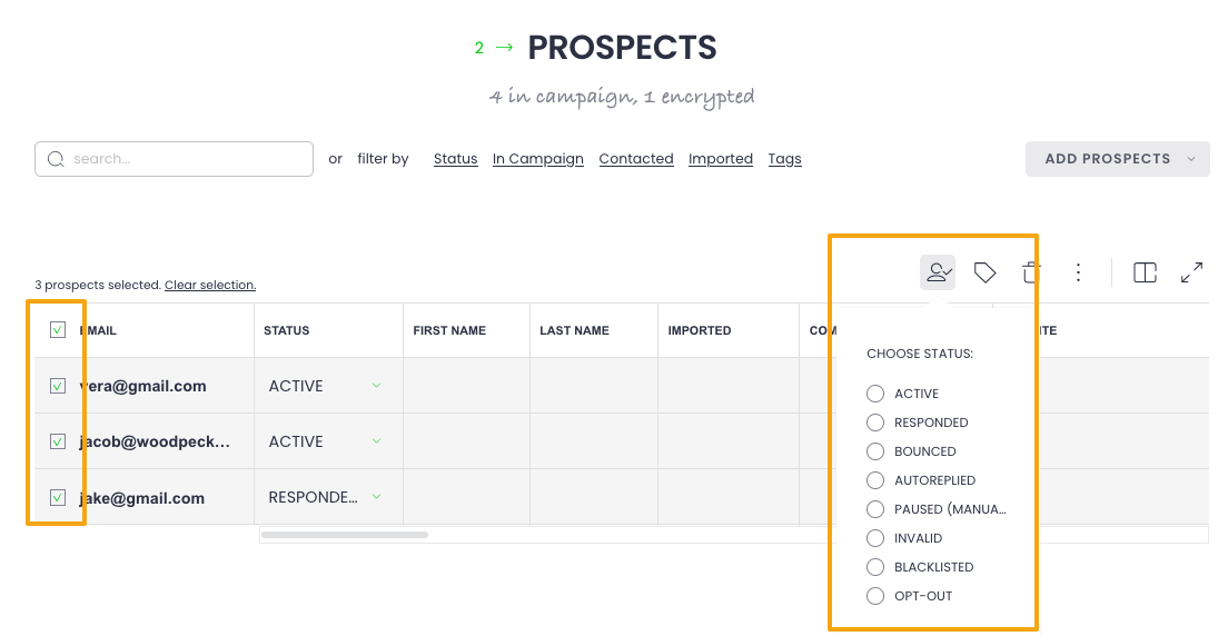 List of statuses available for prospects to change manually