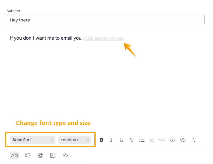 Font type and size settings in email editor