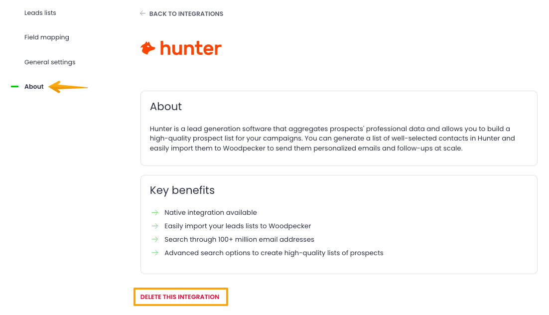 Image showing About tab from which user can disconnect Hunter from Woodpecker