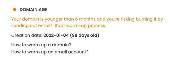 Domain age tab with the information on a too young domain