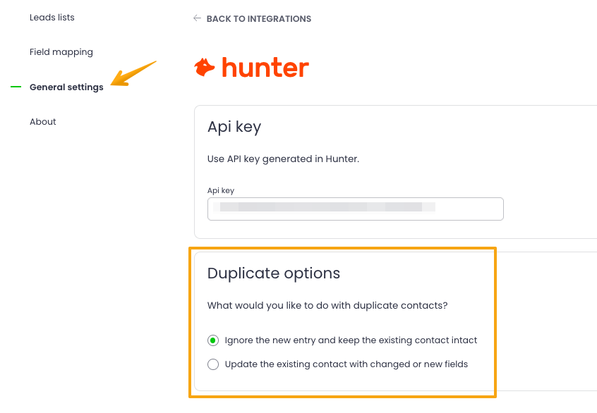 Image showing General Settings tab from which user can choose how they want to handle duplicated prospects