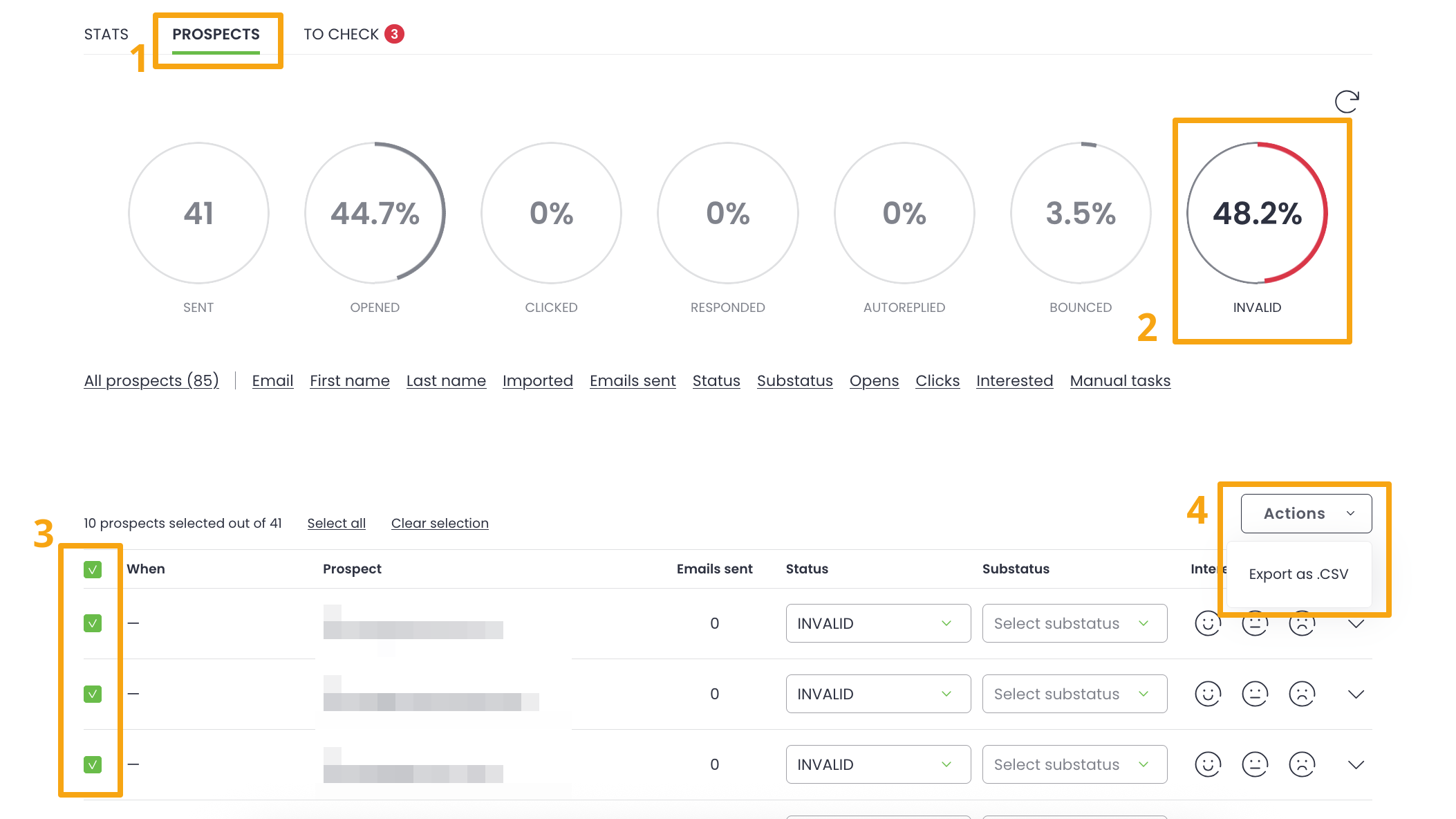 Step-by-step instructions on how to export Invalid prospects