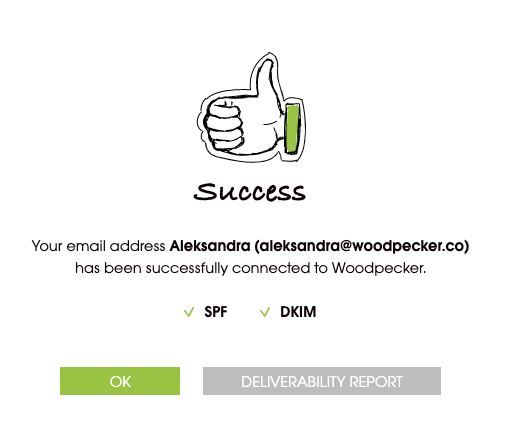 Image with massage about successfull email account connection with the red check marks next to the SPF and DKIM settings