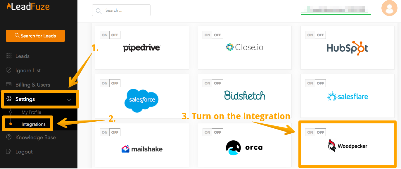 Screen showing step-by-step instruction how to turn on the integration with Woodpecker in LeadFuze