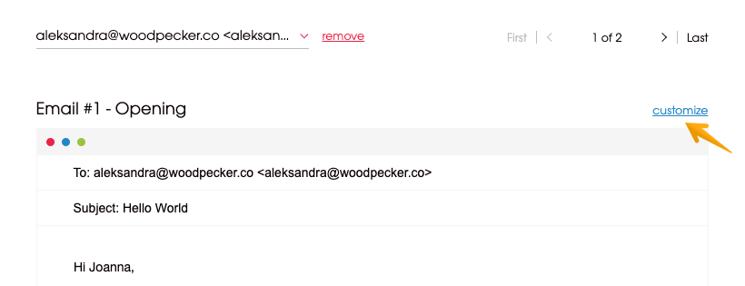 Image with arrow poiting to a customize option for the first email