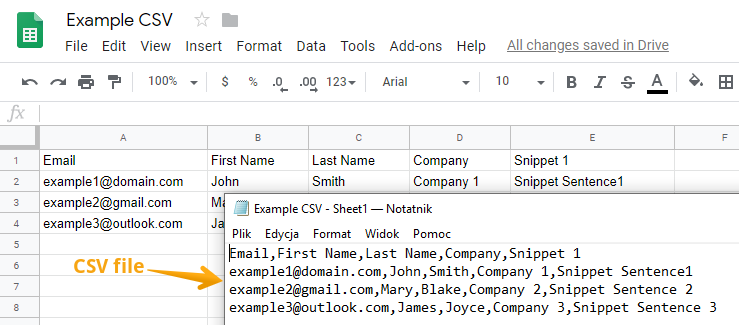 An example of CSV file in Windows Notepad