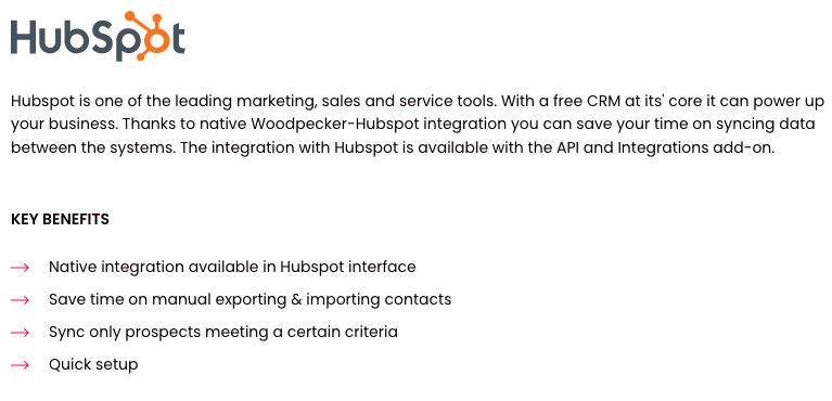 Hubspot integration description in Woodpecker Marketplace