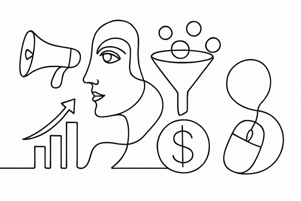 Abstract illustration of marketing funnel, money, megaphone, and analytics linked to SaaS lead generation, with SaaS lead generation visualized through strategy, and SaaS lead generation powering conversions.