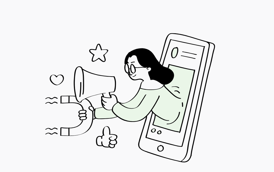 A woman emerging from a smartphone screen holding a megaphone and magnet, attracting social engagement icons like hearts and thumbs-up.