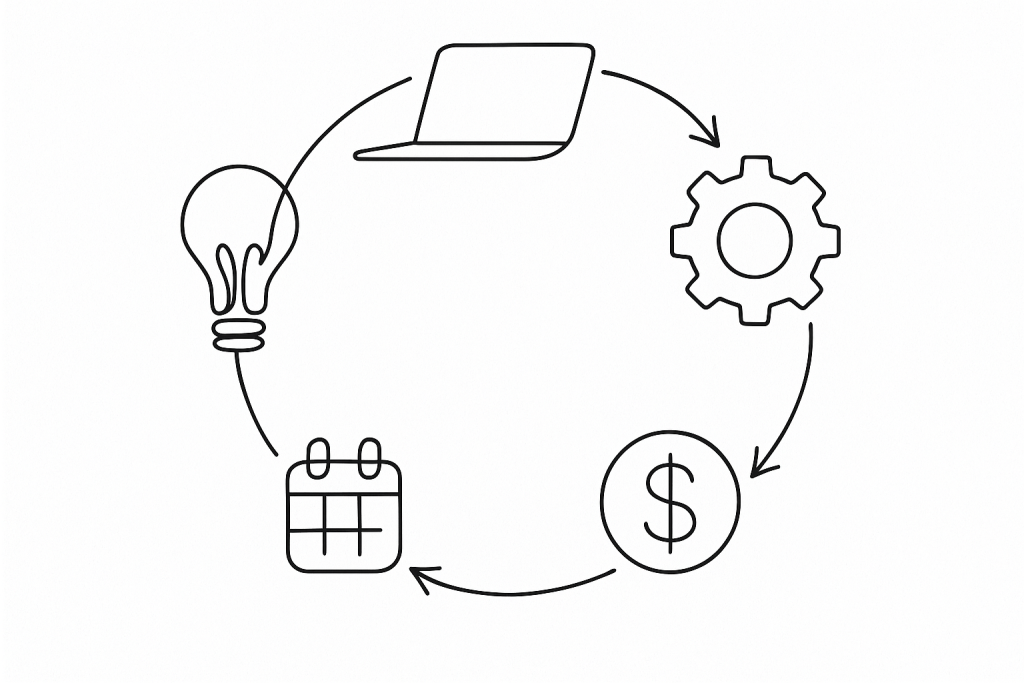 Cycle diagram of ideas, technology, process, and revenue showing SaaS lead generation, with SaaS lead generation connecting creativity to sales, and SaaS lead generation driving predictable growth.