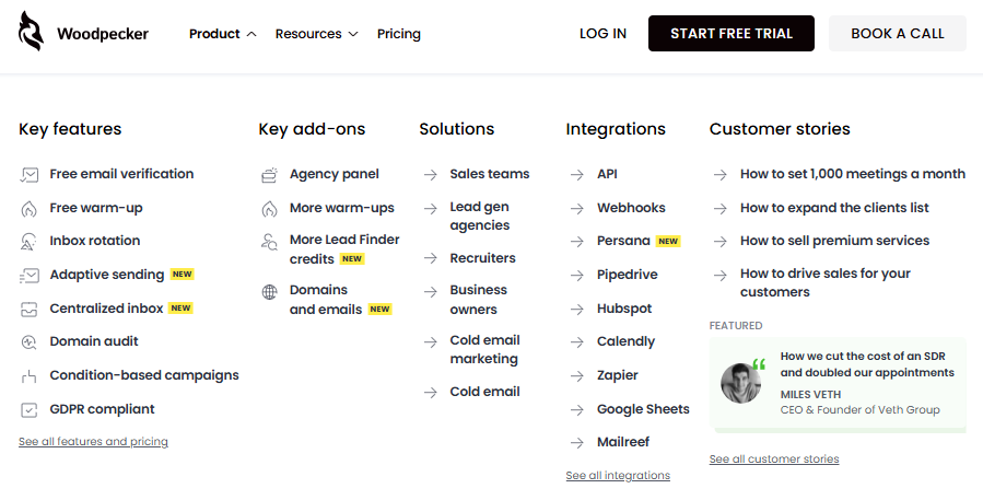 Woodpecker - key features, key add-ons, solutions, integrations and customer stories