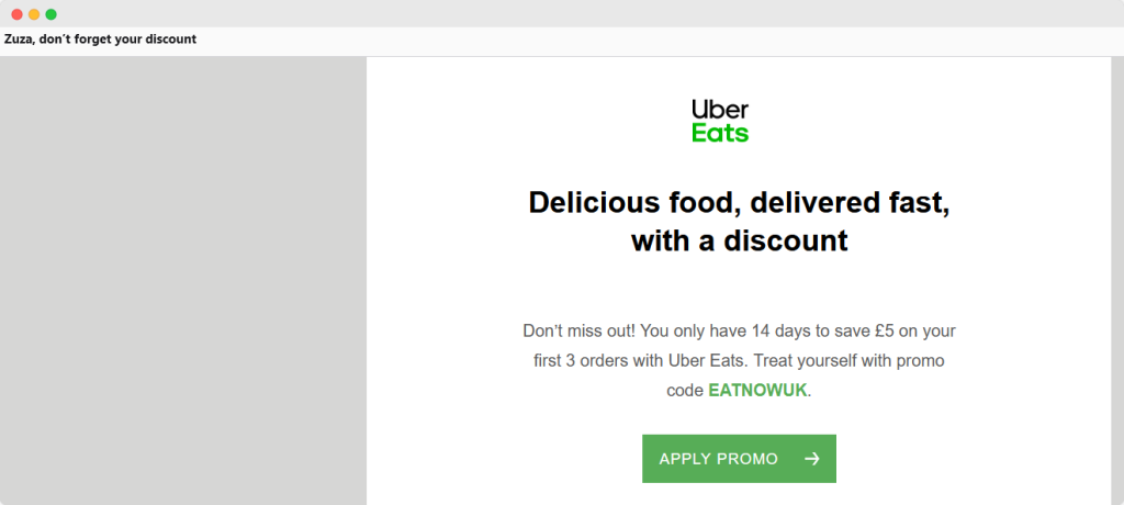 reminder email from Uber Eats with a clear CTA