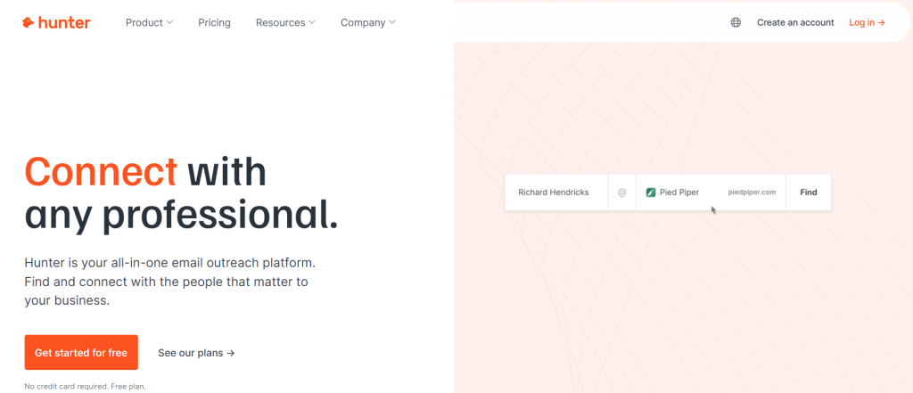 best email extractor - Hunter.io used to connected with any professional by finding their email address.