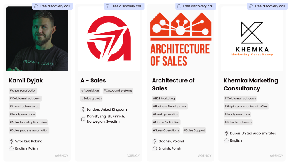 Profiles of SaaS lead generation consultants and agencies including Kamil Dyjak, A-Sales, Architecture of Sales, and Khemka Marketing, offering SaaS lead generation outreach, and SaaS lead generation support services.