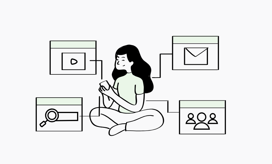 A woman sitting cross-legged with a phone, connected to icons for video, email, search, and contacts, symbolizing multitasking or automation tools.