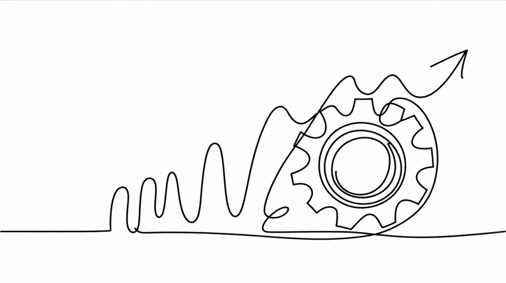 Abstract line drawing of a gear with an arrow trending upward symbolizing SaaS lead generation, where SaaS lead generation combines processes and growth, and SaaS lead generation drives revenue.