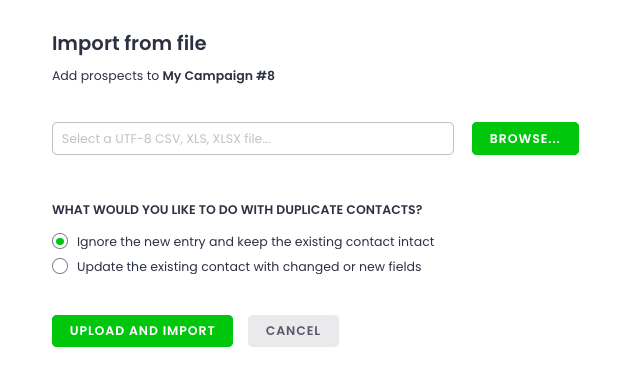 Importing from file and uploading screen