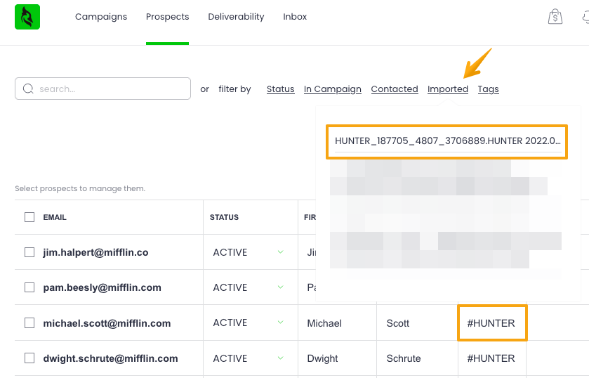 Image showing the #Hunter tag added to leads imported from that app