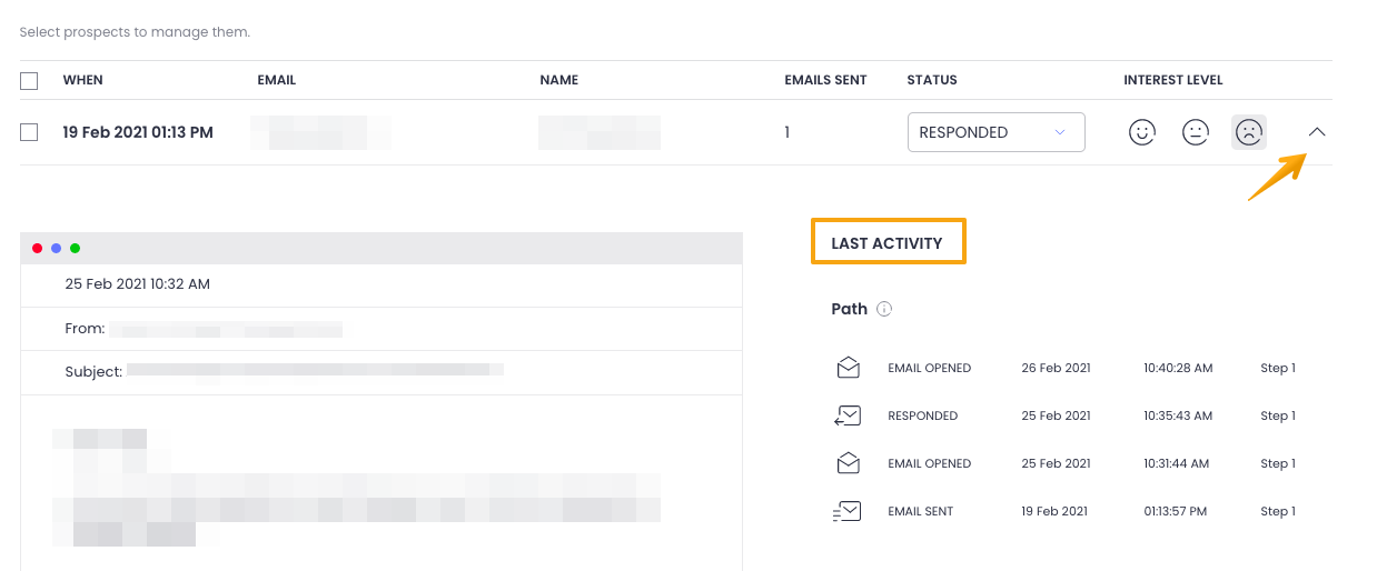 Picture showing last activity of a chosen prospect