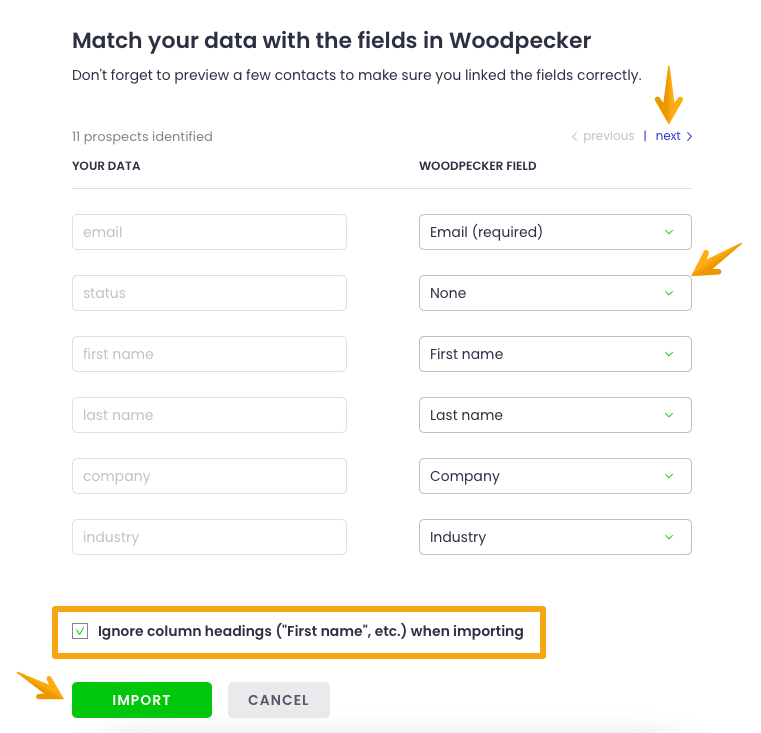 Picture with arrows poitning to fields to match imported data