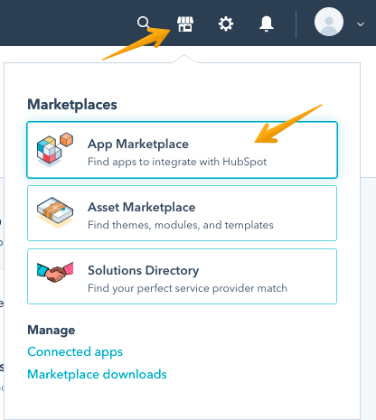 Marketplaces in Hubspot and an arrow pointing to App Marketplace
