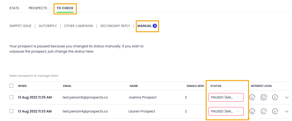Prospects with "Paused (Manual)" status to check