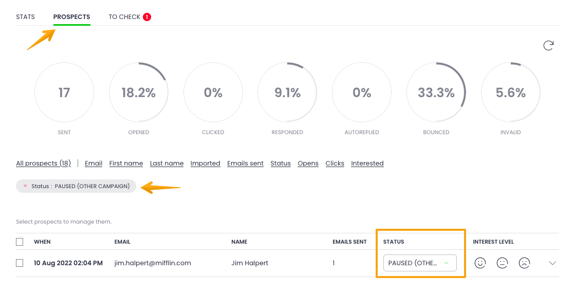 Image showing Paused prospect in a campaign view