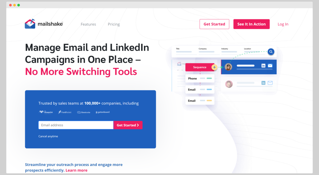 Mailshake homepage promoting unified LinkedIn and email campaigns.