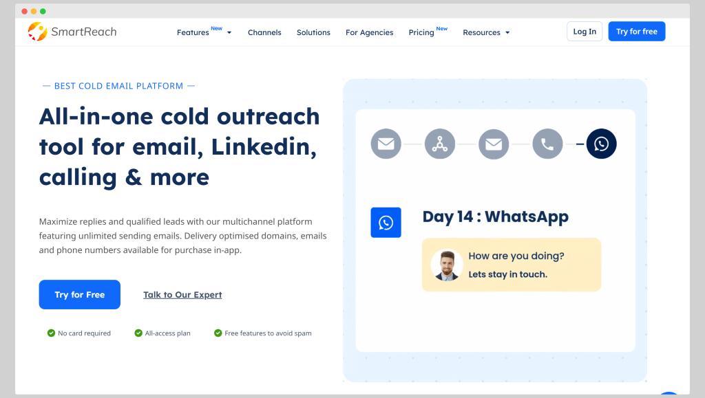 SmartReach homepage describing a multichannel outreach platform for email, LinkedIn, calling, and WhatsApp.