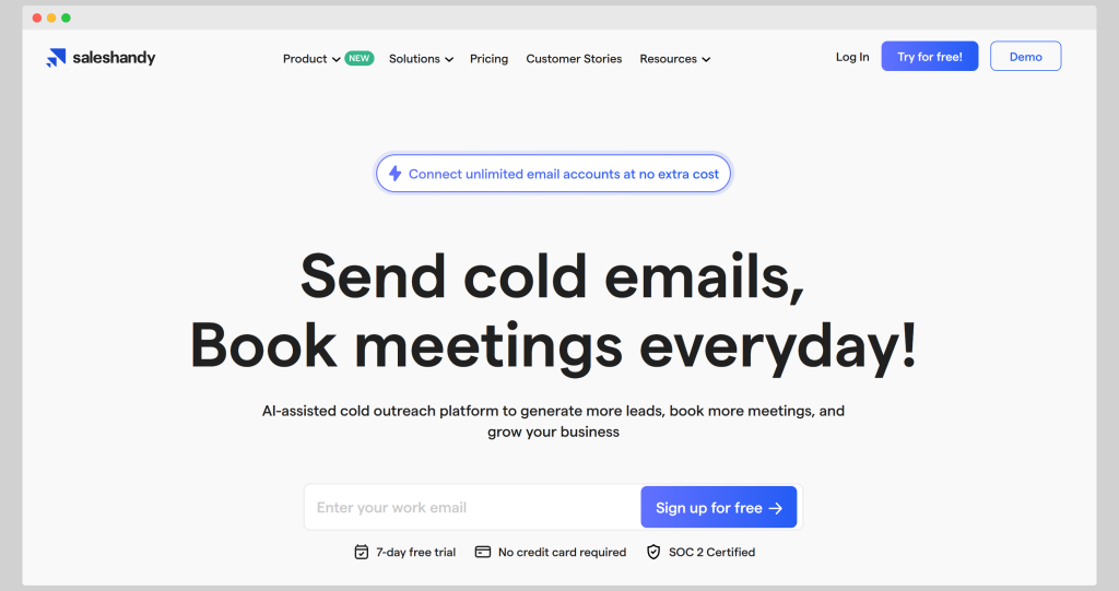 Saleshandy homepage with bold text “Send cold emails, Book meetings everyday!”