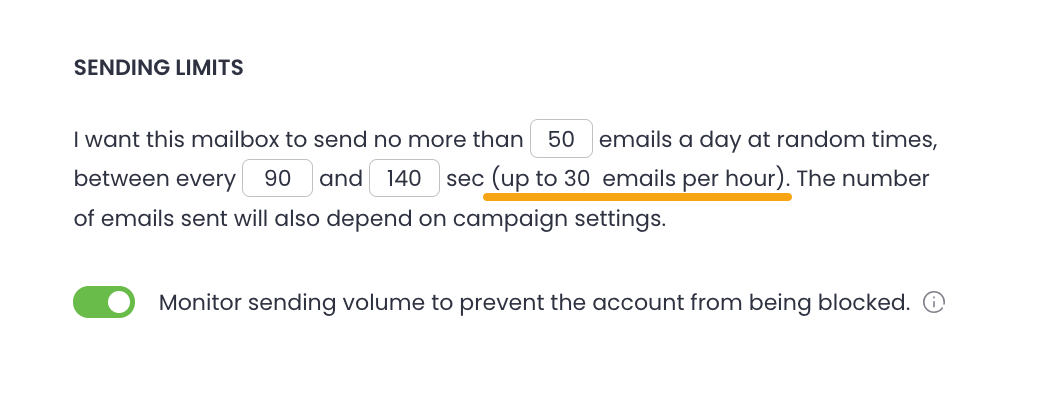 Sending limits with default settings and sending interval highlighted