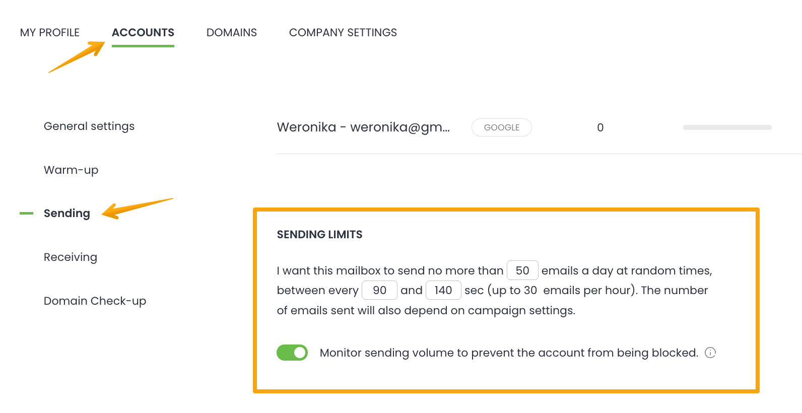 Sending limits in sending tab