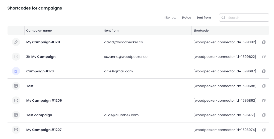 Image showing campaigns from Woodpecker with their statuses in WordPress