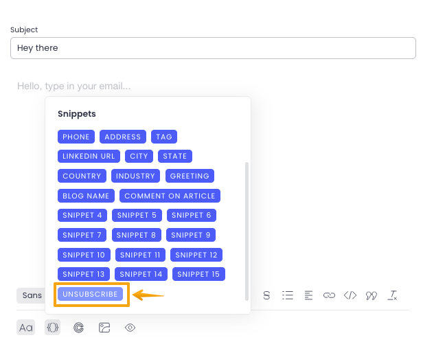 Arrow pointing to the "unsubscribe" snippet