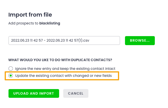 'Import from file' screen with the option to "Update the existing contact with changed or new fields"